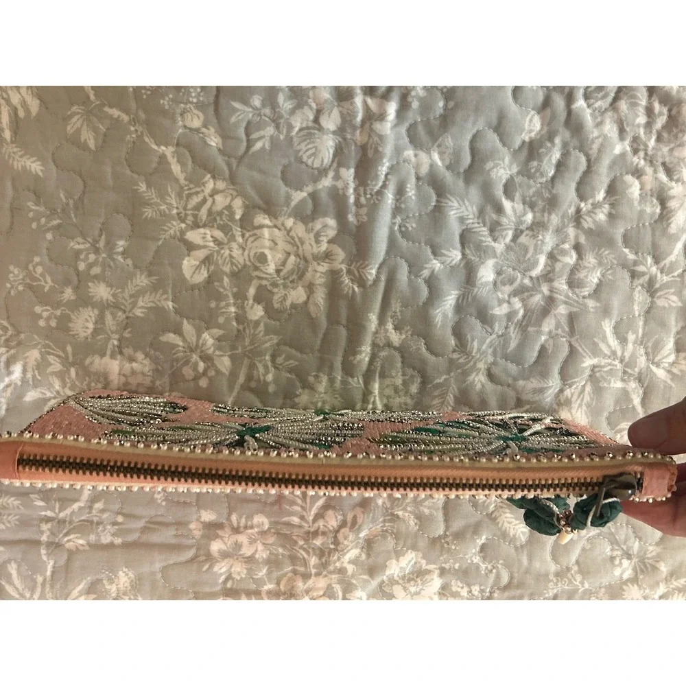 New with Tags Antik Kraft Palm Leaf Print Beaded Clutch